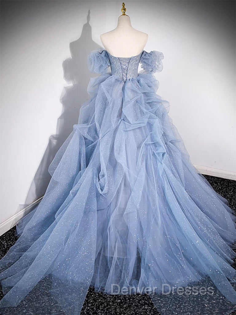 A-line Blue Tulle Long Prom Dress, Blue Long Evening Dress