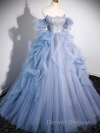A-line Blue Tulle Long Prom Dress, Blue Long Evening Dress