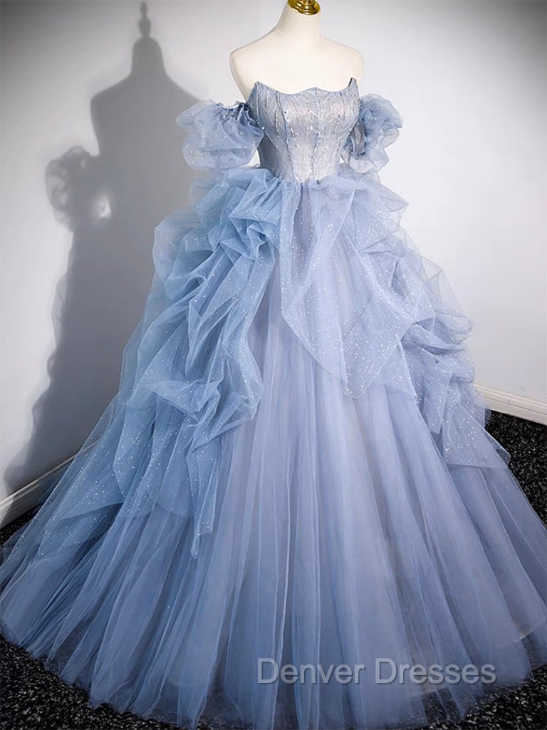 A-line Blue Tulle Long Prom Dress, Blue Long Evening Dress