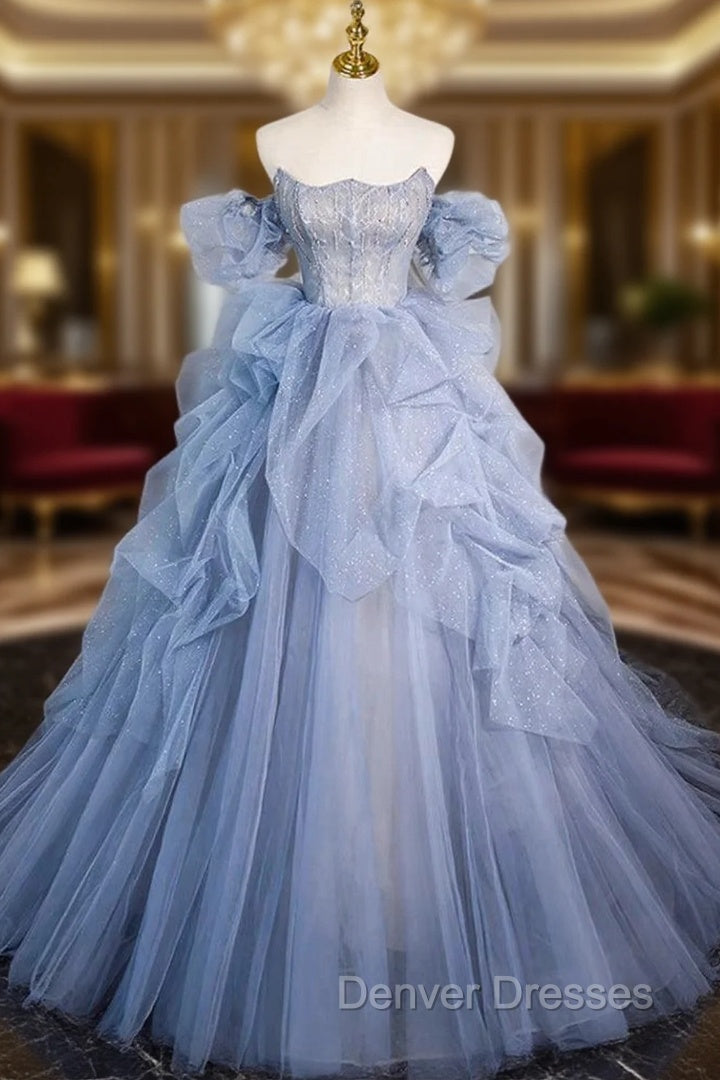 A-line Blue Tulle Long Prom Dress, Blue Long Evening Dress