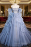 A-line Blue Tulle Long Prom Dress, Blue Long Evening Dress