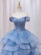 A-Line Blue Tulle Long Prom Dress, Blue Sweet 16 Dress
