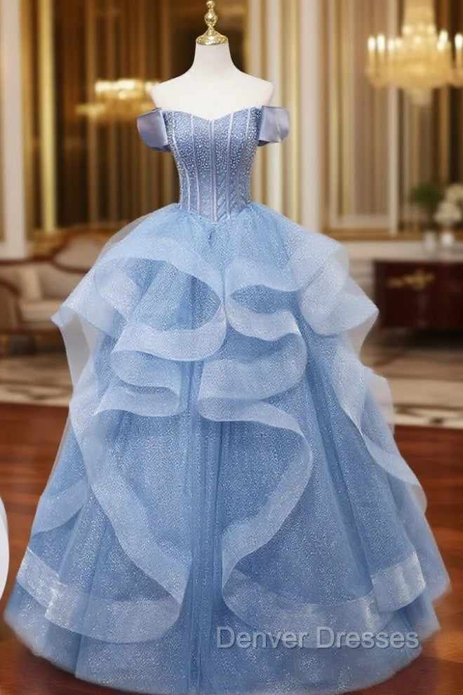 A-Line Blue Tulle Long Prom Dress, Blue Sweet 16 Dress Main image