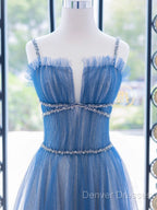 A-Line Blue Tulle Long Prom Dress, Blue Tulle Formal Dress