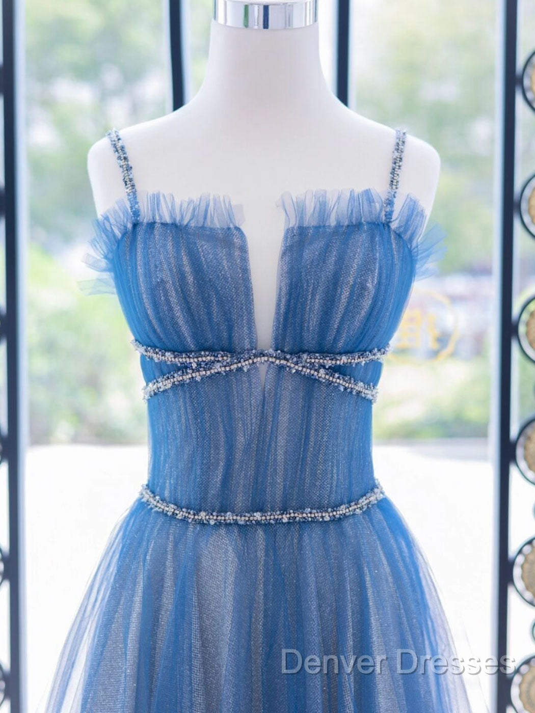 A-Line Blue Tulle Long Prom Dress, Blue Tulle Formal Dress