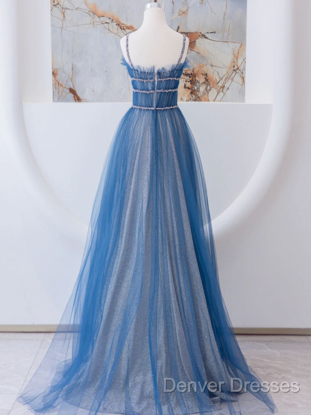 A-Line Blue Tulle Long Prom Dress, Blue Tulle Formal Dress