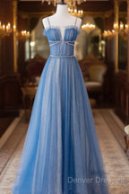 A-Line Blue Tulle Long Prom Dress, Blue Tulle Formal Dress