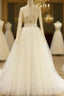 A-Line Blue Tulle Long Sleeve Deep V-neck Wedding Dress