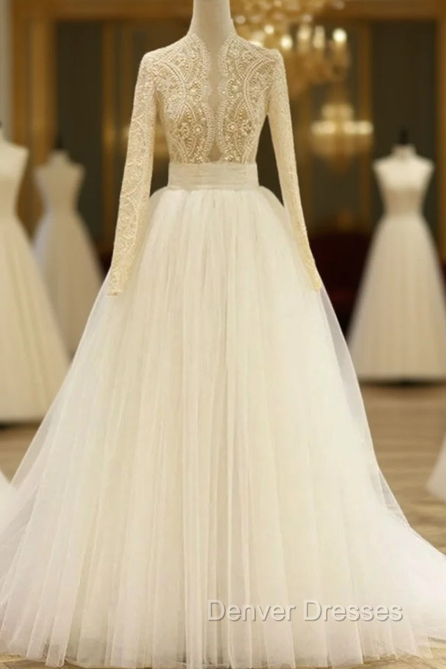 A-Line Blue Tulle Long Sleeve Deep V-neck Wedding Dress Main image