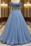A-line Blue Tulle Off the Shoulder Beading Pleats Prom Dress