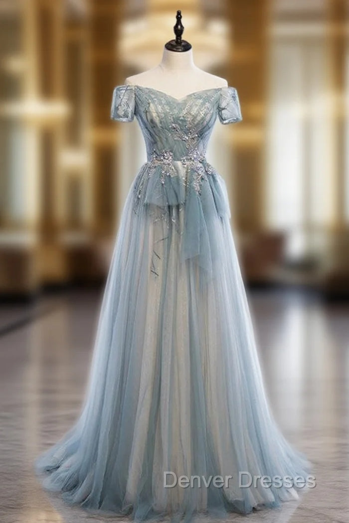 A-Line Blue Tulle Off the Shoulder Short Sleeve Prom Dress Main image
