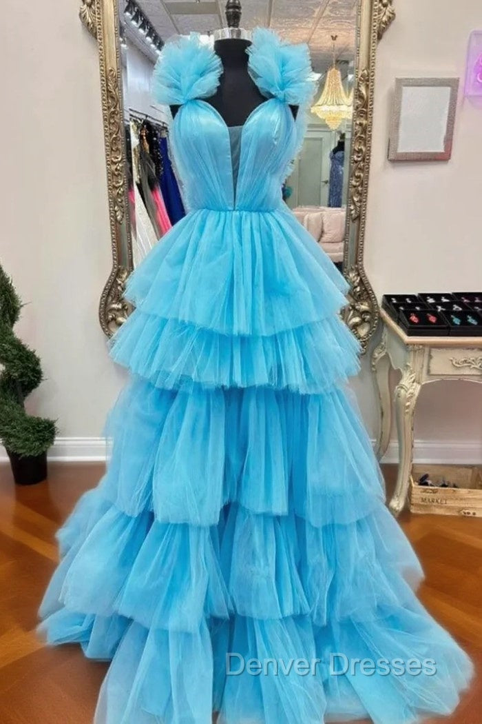 A-LIne Blue Tulle Pleats Prom Dress Main image