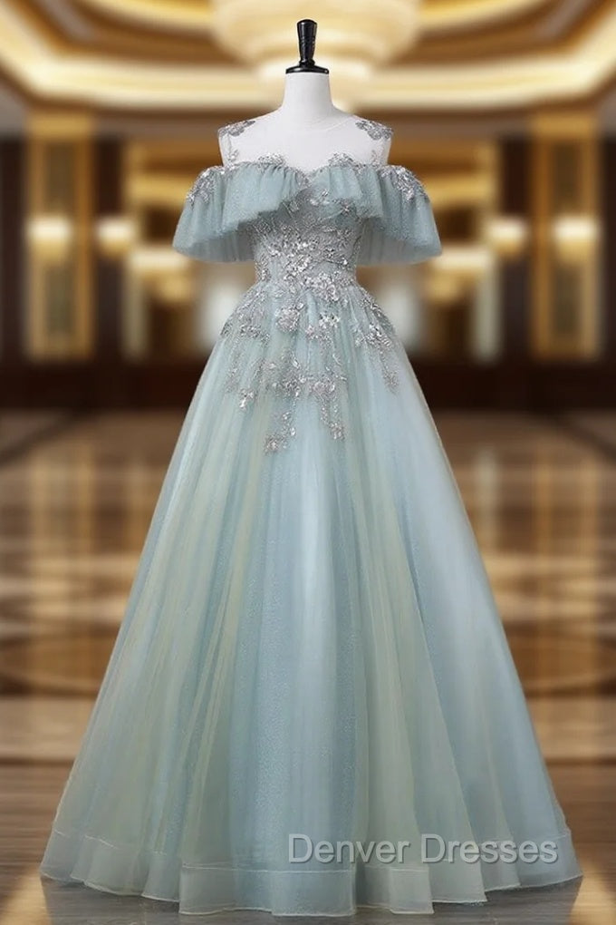 A-Line Blue Tulle sequin Lace Long Prom Dress, Blue Lace Sweet 16 Dress