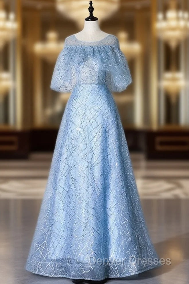 A-Line Blue Tulle Sequins Bat Sleeve Prom Dress Main image