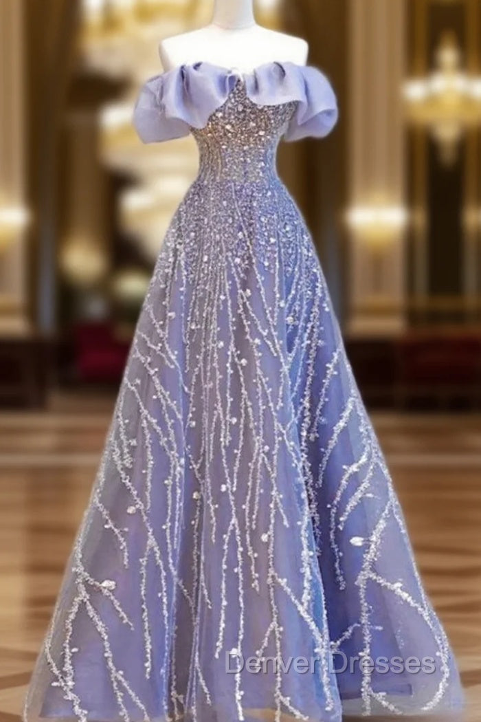 A-Line Blue Tulle Sequins Off the Shoulder Prom Dress Main image