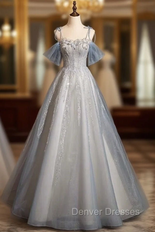 A-line Blue Tulle Sequins Spaghetti Straps Prom Dress