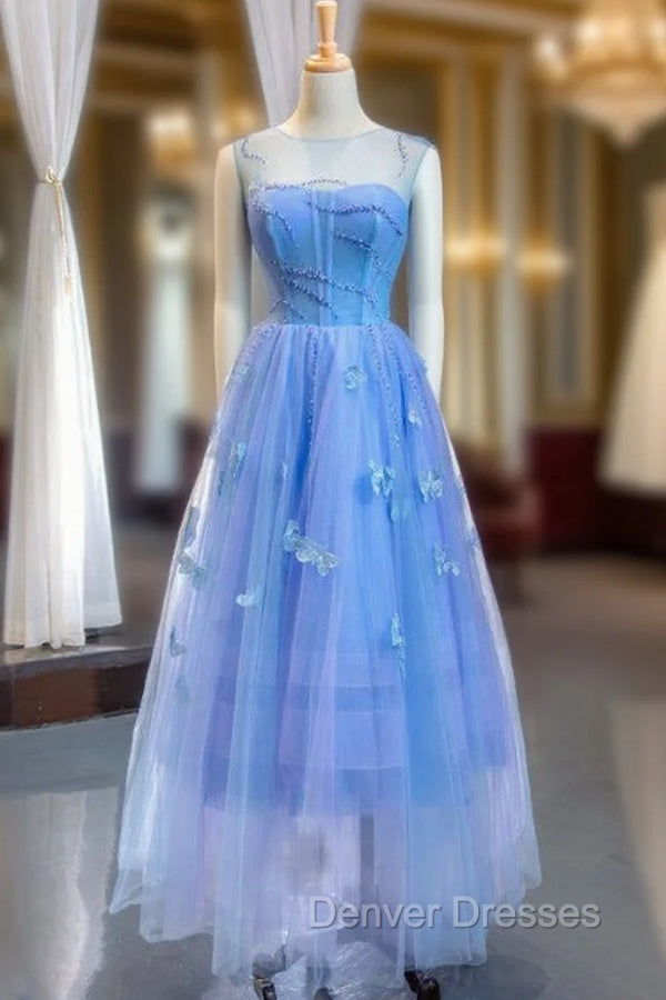 A-Line Blue Tulle Sleeveless Butterfly Backless Beading Prom Dress Main image
