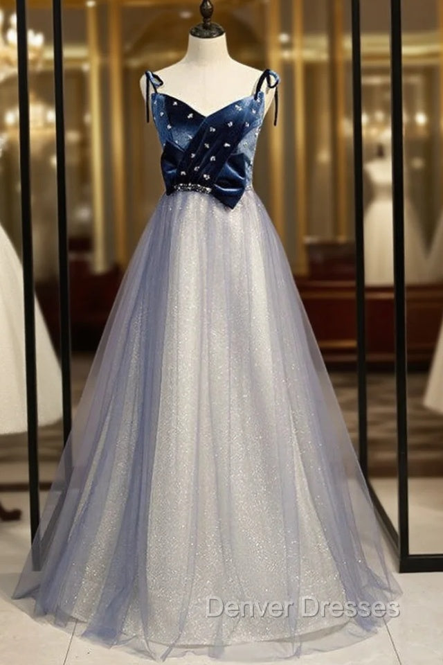 A-Line Blue Tulle Spaghetti Straps Beading Prom Dress 2020 Main image