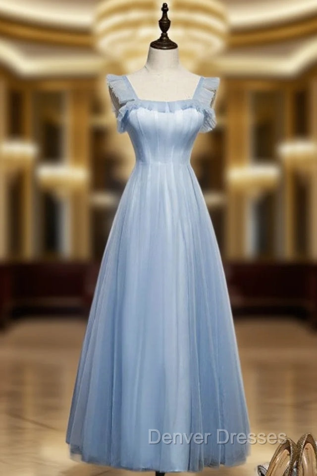 A-Line Blue Tulle Straps Ankle Length Prom Dress