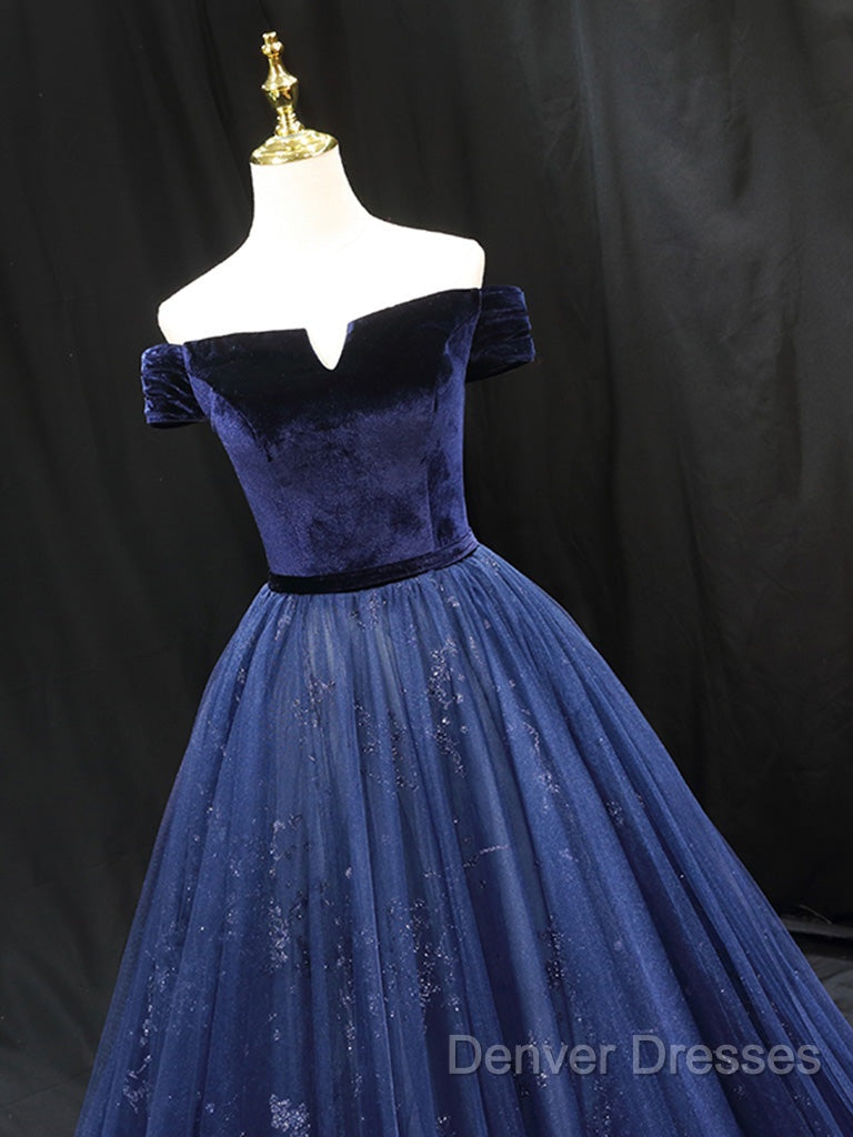A-Line Blue Tulle Velvet Long Prom Dress, Blue Formal Evening Dress Secondary image
