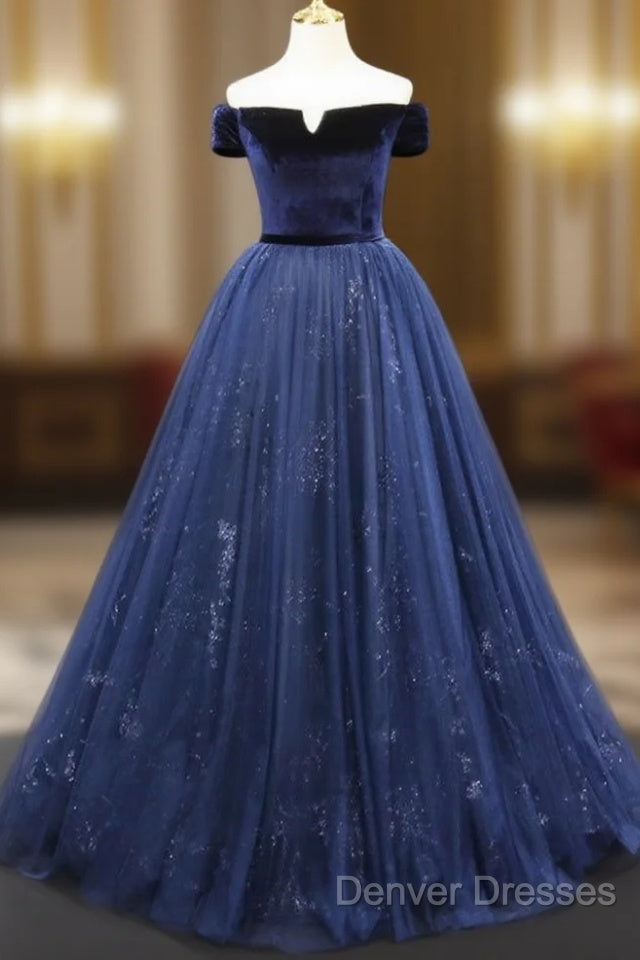 A-Line Blue Tulle Velvet Long Prom Dress, Blue Formal Evening Dress Main image