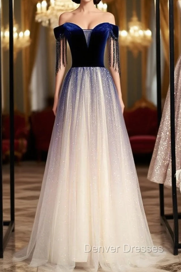 A-Line Blue Velvet Spagehtti Straps Beading Prom Dress