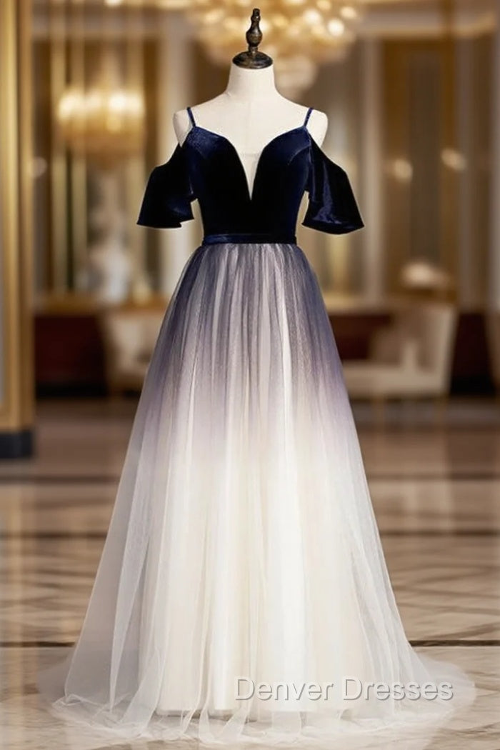 A-Line Blue Velvet Tulle Spagehtti Straps Long Prom Dress Main image