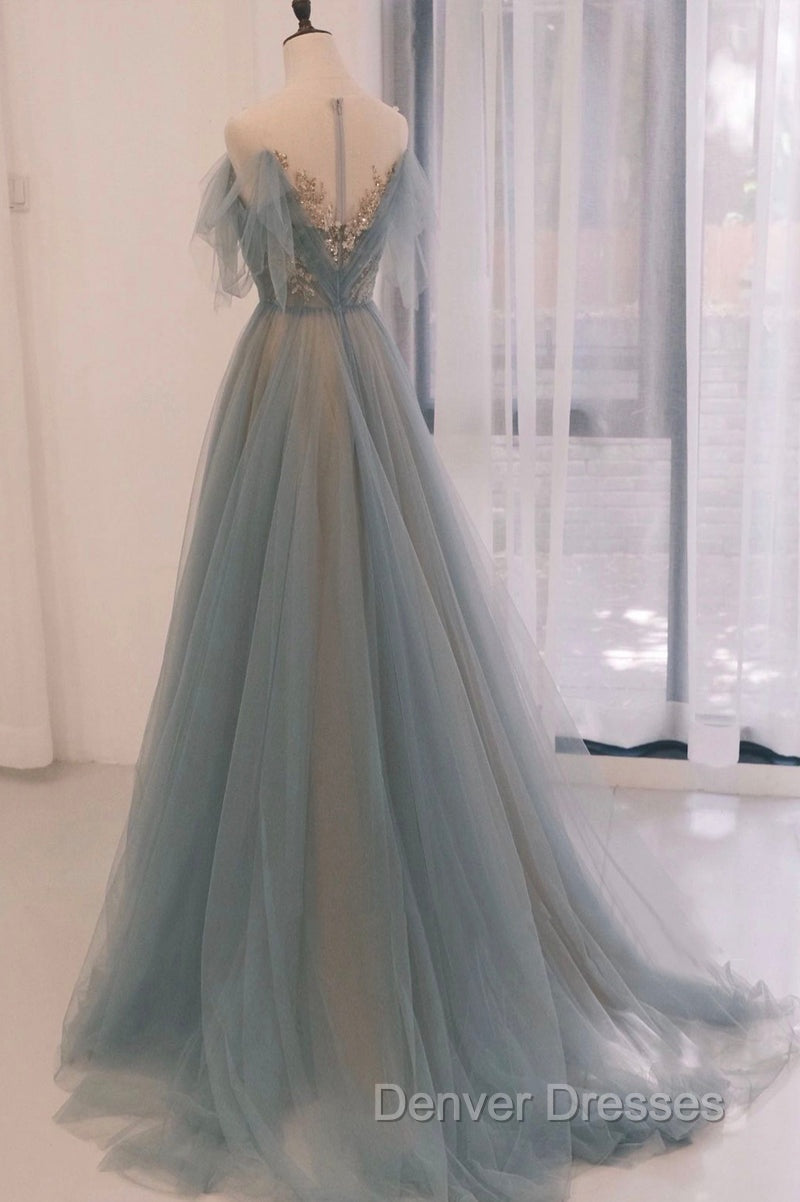 A-line Blue with Lace Applique Party Dress, Long Blue Formal Dress Prom Dress Secondary image