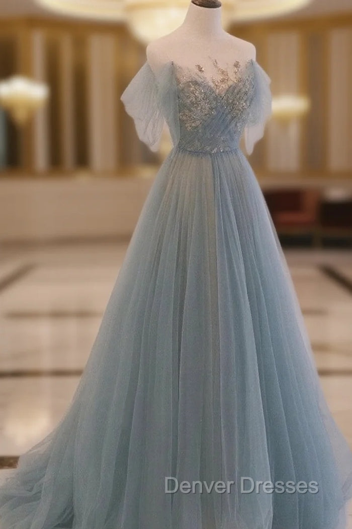 A-line Blue with Lace Applique Party Dress, Long Blue Formal Dress Prom Dress Main image