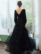 A-Line Bridesmaid Dress Jewel Neck Long Sleeve Elegant Floor Length Tulle / Velvet With Sequin / Bandage