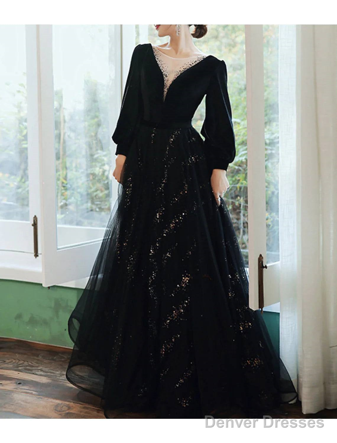 A-Line Bridesmaid Dress Jewel Neck Long Sleeve Elegant Floor Length Tulle / Velvet With Sequin / Bandage
