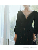 A-Line Bridesmaid Dress Jewel Neck Long Sleeve Elegant Floor Length Tulle / Velvet With Sequin / Bandage