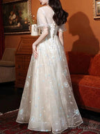 A-Line Bridesmaid Dress Jewel Neck Short Sleeve Elegant Floor Length Lace / Tulle With Appliques