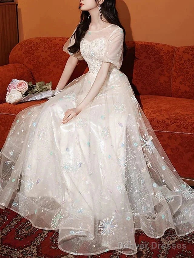 A-Line Bridesmaid Dress Jewel Neck Short Sleeve Elegant Floor Length Lace / Tulle With Appliques