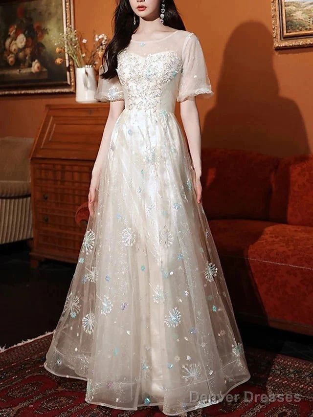 A-Line Bridesmaid Dress Jewel Neck Short Sleeve Elegant Floor Length Lace / Tulle With Appliques Main image