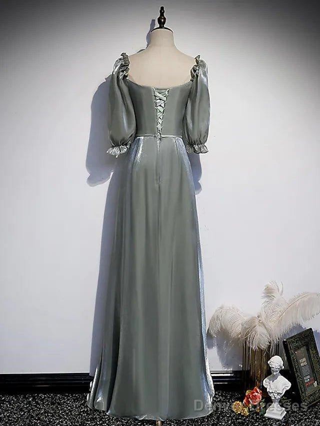 A-Line Bridesmaid Dress Square Neck Half Sleeve Elegant Floor Length Satin With Bow(S) / Beading