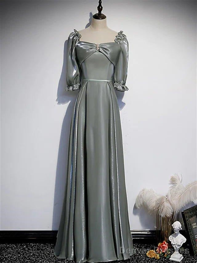A-Line Bridesmaid Dress Square Neck Half Sleeve Elegant Floor Length Satin With Bow(S) / Beading