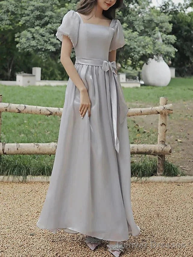 A-Line Bridesmaid Dress Square Neck Short Sleeve Elegant Ankle Length Organza With Bow(S)