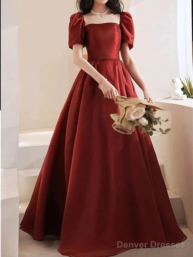 A-Line Bridesmaid Dress Square Neck Short Sleeve Elegant Floor Length Satin With Pleats Main image