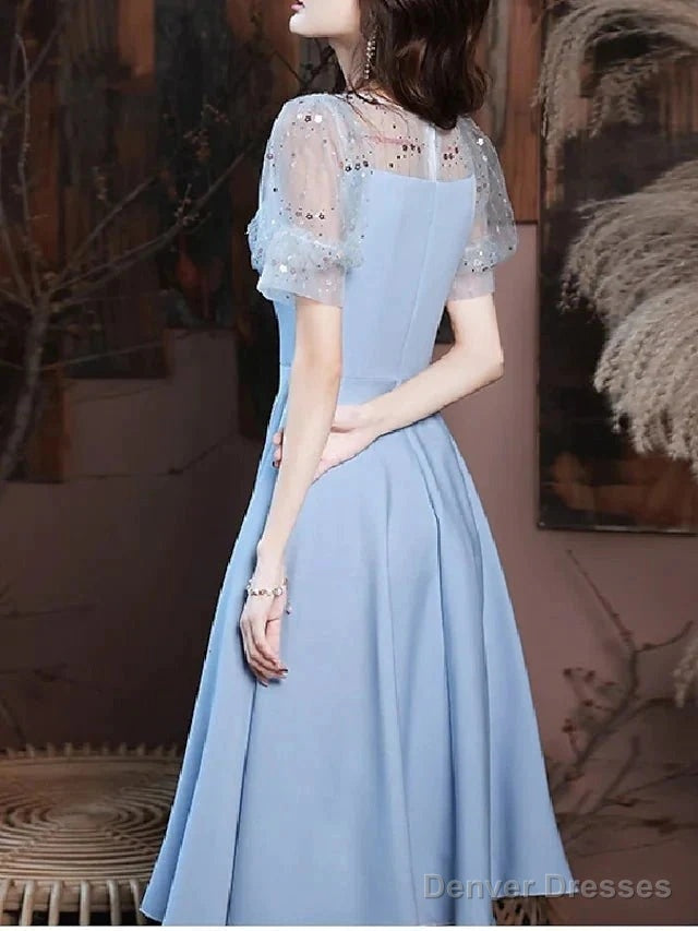 A-Line Bridesmaid Dress Square Neck Short Sleeve Elegant Knee Length Satin With Buttons / Pleats Secondary image