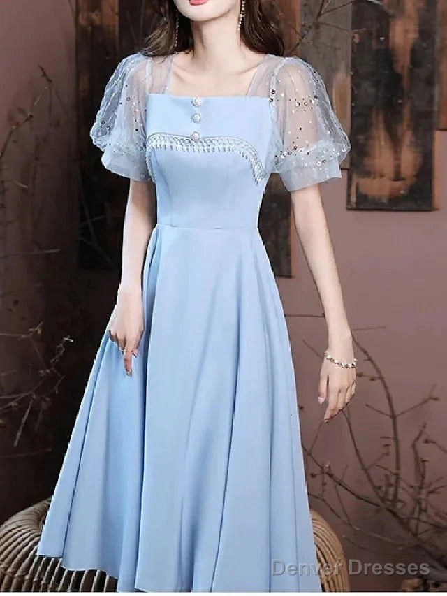 A-Line Bridesmaid Dress Square Neck Short Sleeve Elegant Knee Length Satin With Buttons / Pleats Main image