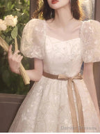 A-Line Bridesmaid Dress Square Neck Short Sleeve Elegant Tea Length Tulle With Bow(S) / Pleats
