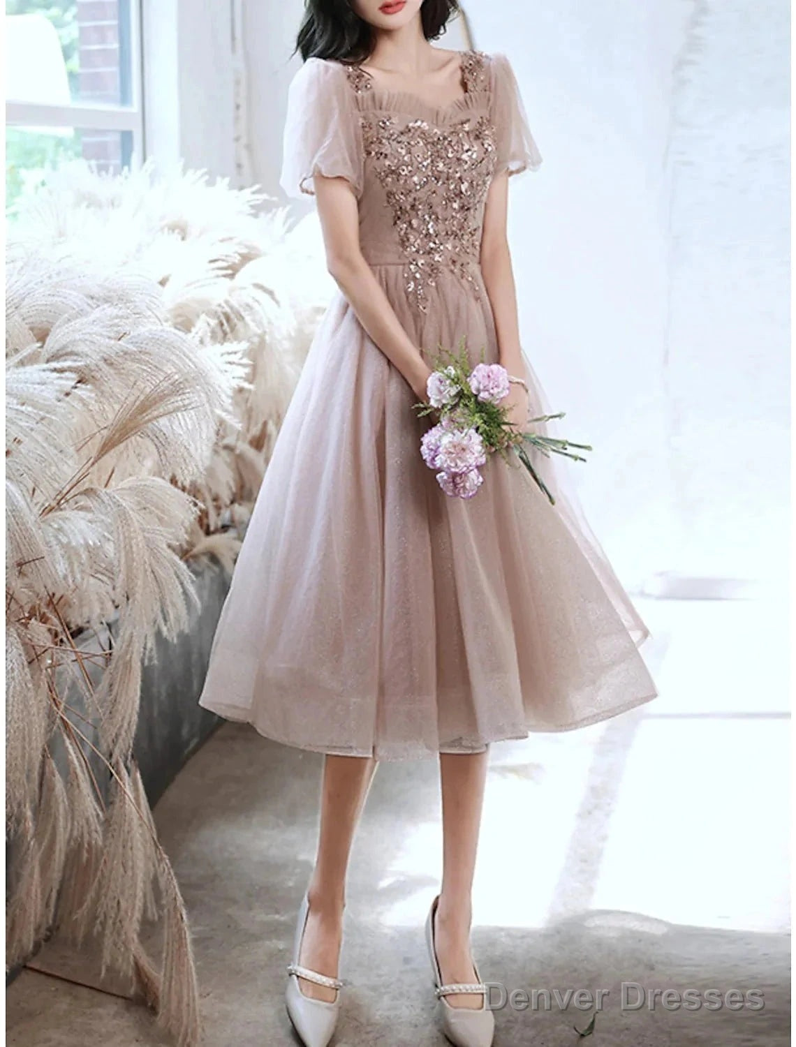 A-Line Bridesmaid Dress Square Neck Short Sleeve Elegant Tea Length Tulle With Sequin / Ruffles Secondary image