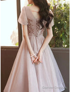 A-Line Bridesmaid Dress Square Neck Short Sleeve Elegant Tea Length Tulle With Sequin / Ruffles