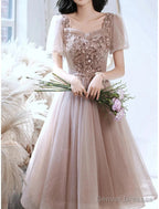 A-Line Bridesmaid Dress Square Neck Short Sleeve Elegant Tea Length Tulle With Sequin / Ruffles