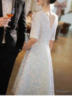 A-Line Bridesmaid Dress V Neck Half Sleeve Elegant Knee Length Sequined With Pleats / Sequin