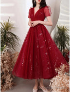 A-Line Bridesmaid Dress V Neck Short Sleeve Elegant Ankle Length Tulle With Sequin