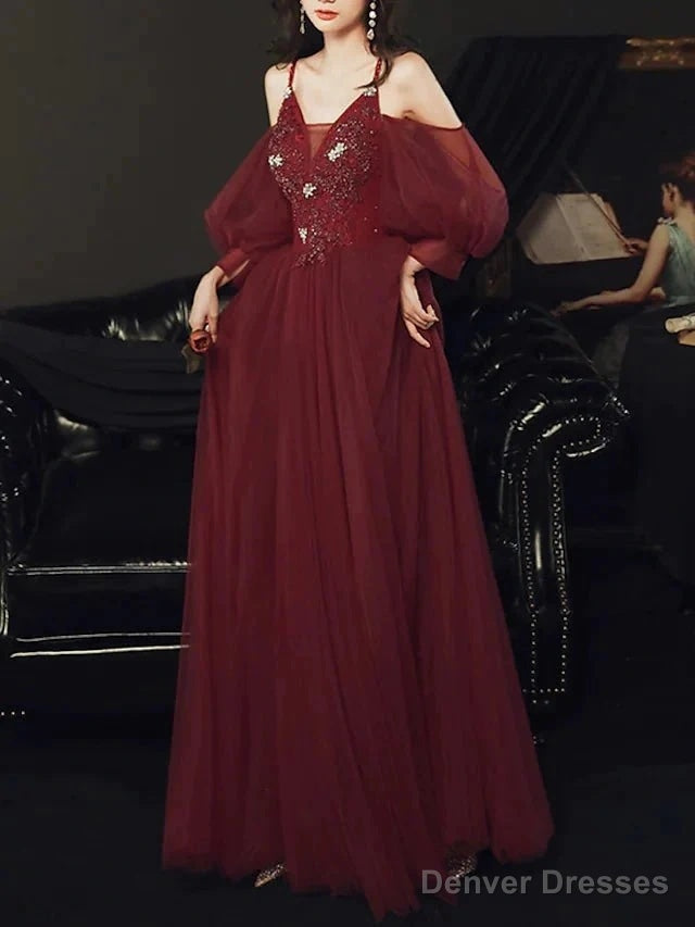 A-Line Bridesmaid Dress V Neck / Spaghetti Strap Long Sleeve Elegant Floor Length Tulle With Appliques