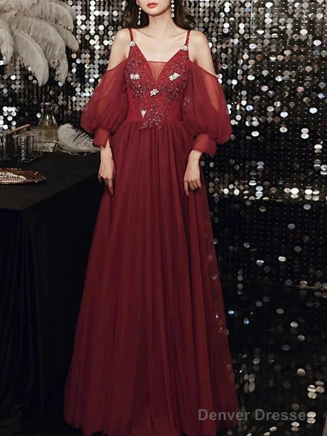 A-Line Bridesmaid Dress V Neck / Spaghetti Strap Long Sleeve Elegant Floor Length Tulle With Appliques Main image