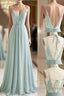 A-Line Bridesmaid Dress V Neck / Spaghetti Strap Sleeveless Sexy Floor Length Chiffon / Lace With Appliques